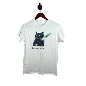 Kikillo Club Unisex Be Careful Cat Graphic Tee White Multi Small
